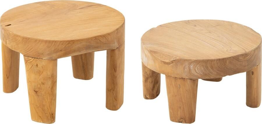 J-Line Set Van 2 Tafel Rond Teak Hout Naturel 50x50x35cm