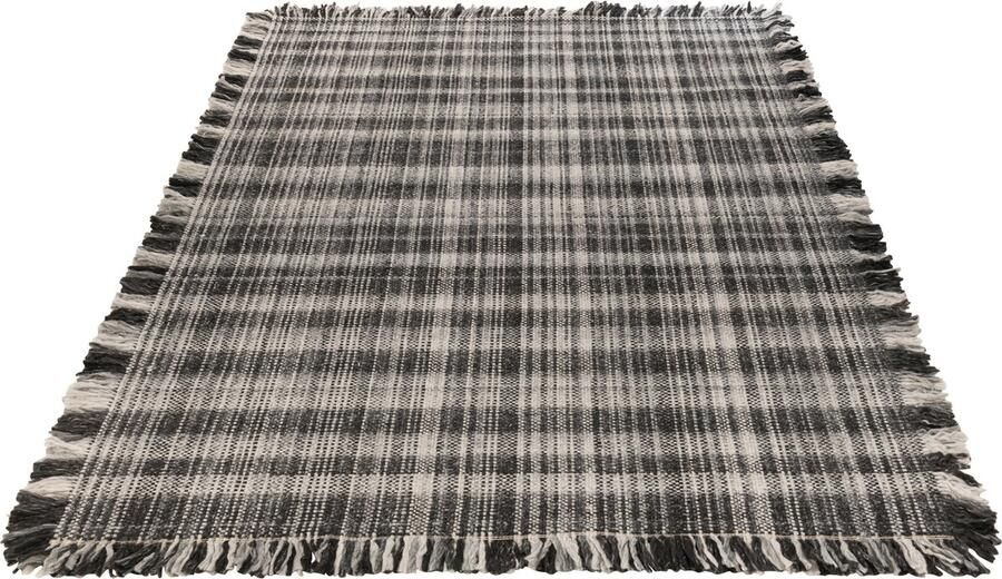 J-Line Tapijt Rechthoek Geruit+franjes Wol Grijs zwart 300x200x1cm