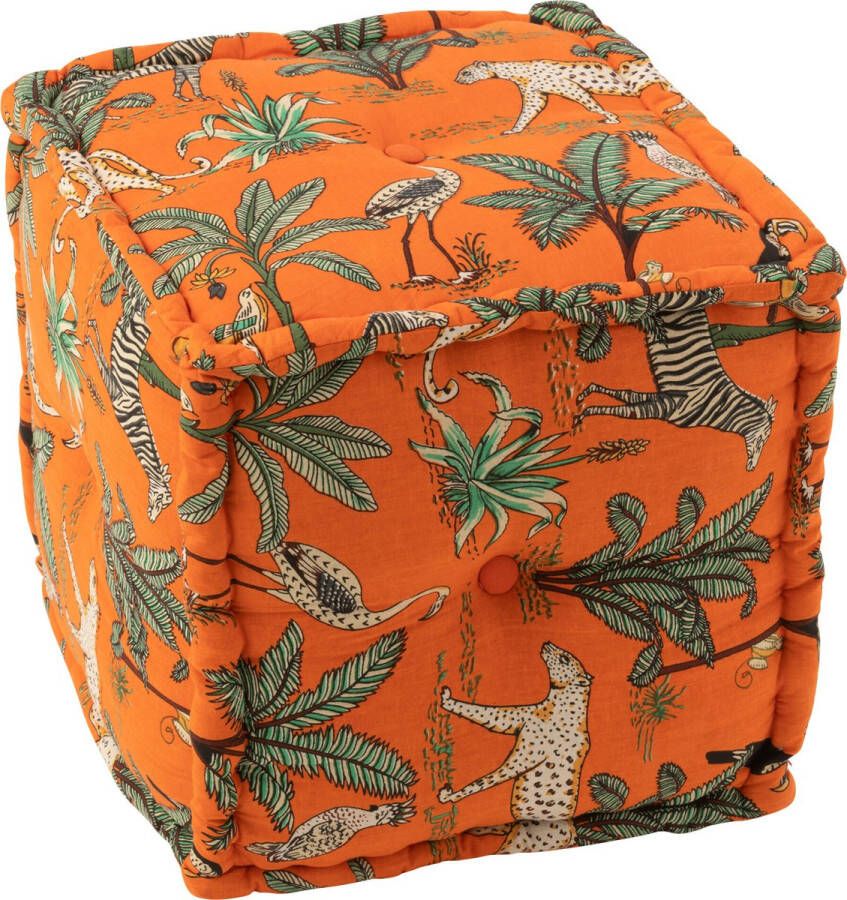 J-Line Poef Kubus Exotisch Dieren Planten Katoen Oranje