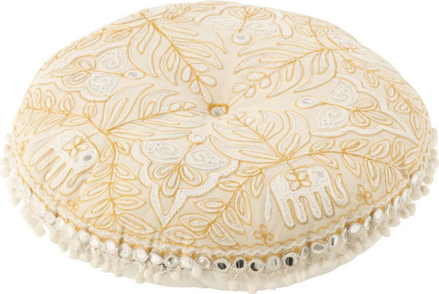 J-Line Poef Rond Plat Olifanten+Spiegels Katoen Creme Goud Small