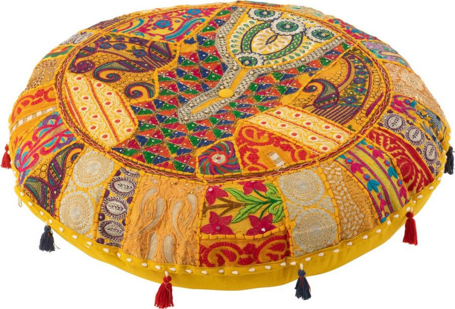 J-Line poef rond plat patronen + kwasten katoen geel - Foto 2