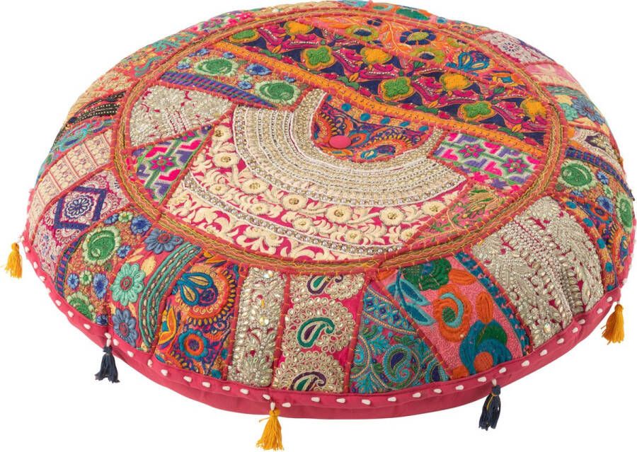 J-Line poef rond plat patronen + kwasten katoen roze - Foto 2