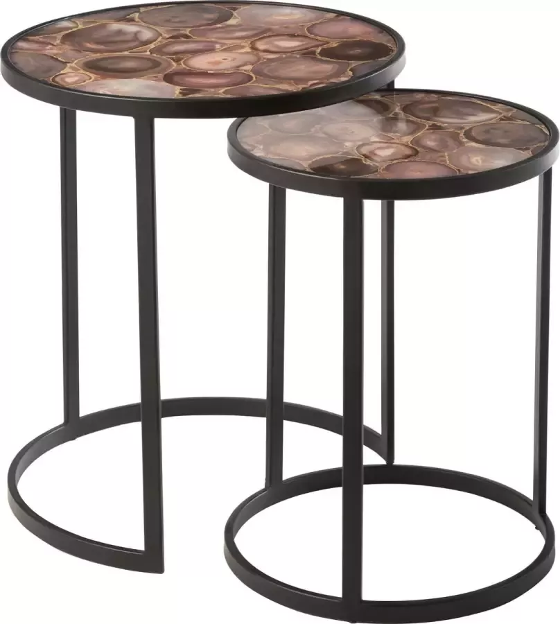 J-Line Set Van 2 Bijzettafels Mozaïek Print Glas Ijzer Mix