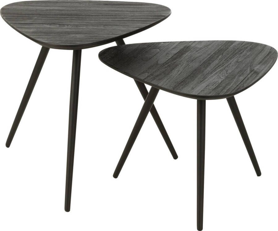 J-Line tafel Driehoek Gerecycleerd Teak hout zwart set van 2
