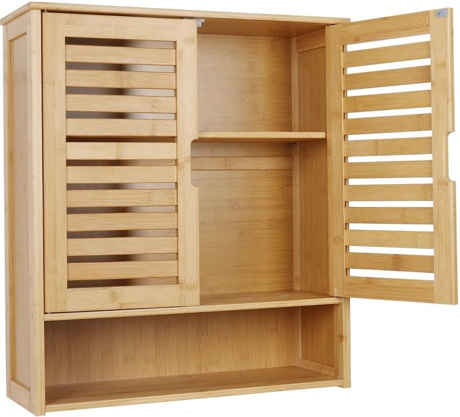 J-mart Bamboe Badkamerkast Wandkastje Medicijnkast Opbergplank Badkamer Keuken Natuurlijk Hout 70 x 29 x 13 2 cm