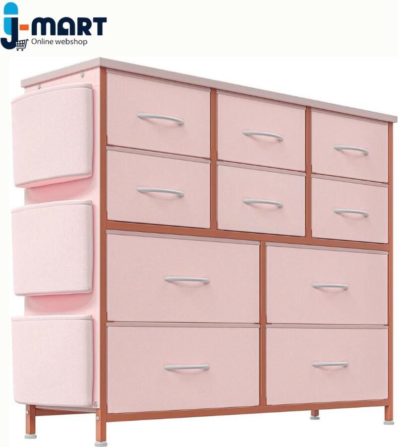 J-mart Roze Ladekast met Zijvakken Kleerkast Kinderen Kinderkamer Meubel Staal Frame Stoffe Lades 100 × 100 × 30 cm