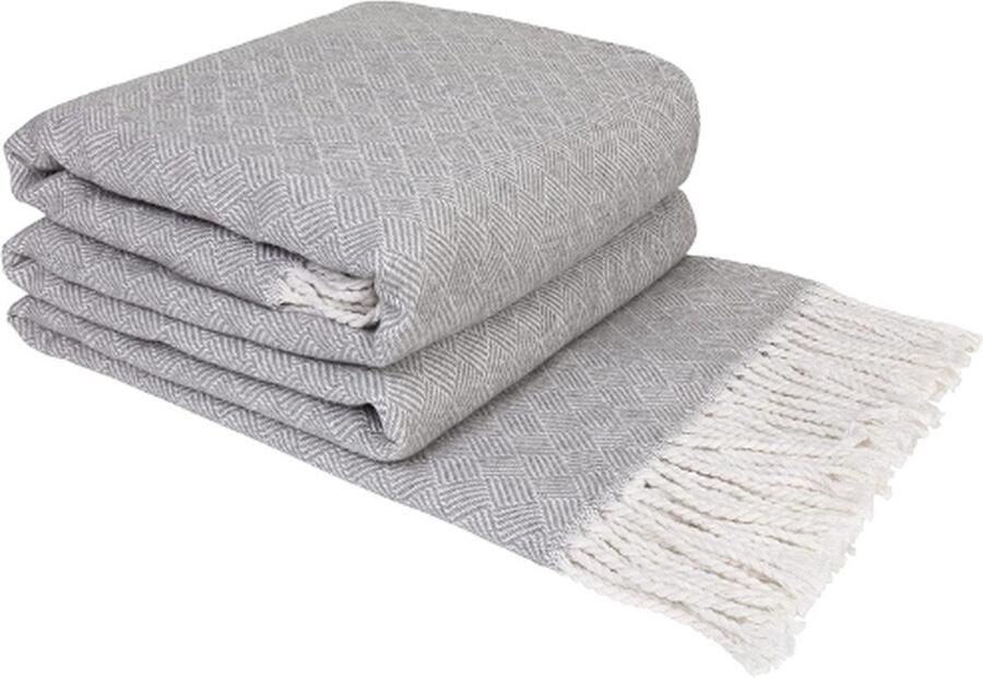 Jacer Deken Katoen Plaid Katoenen voor op de Bank Sofa & Bed Blanket met Franjes Zomer Winter en Lente Dekens Zacht Knuffeldeken Groot (140 x 200 cm Lichtgrijs met Wit Gestreepte Ruiten)