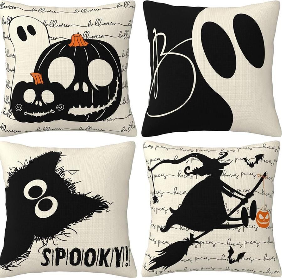 Jacer Set Van 4 Halloween Kussenslopen 40x40 cm Met Zwarte Kat Pompoen En Spook Decoratieve Kussens Voor Thuis Bank En Slaapkamer Decoratie