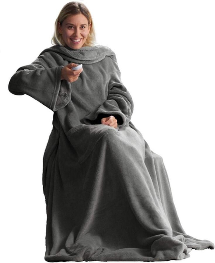 Jacer Tv-Deken Knuffeldeken Met Mouwen 170 x 200 cm Grijs Warme En Zachte Fleece Deken Perfect Voor Thuis Of Op De Bank