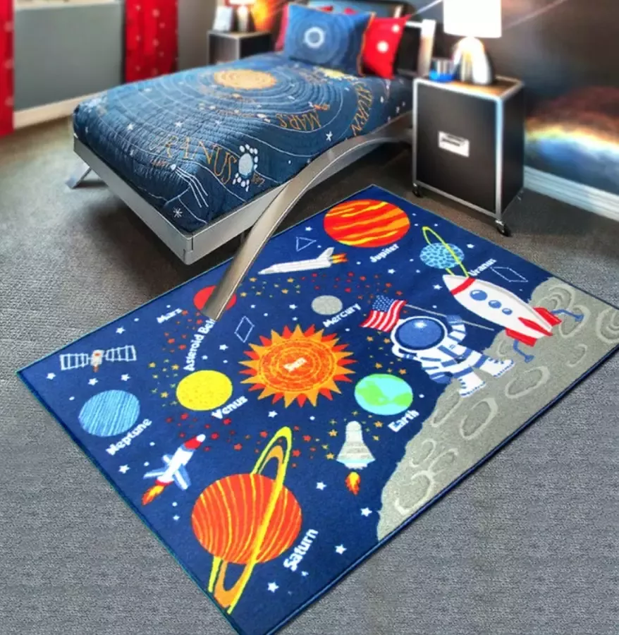 Jackson Vloerkleed Kinderkamer OEKO-TEX 100 TÜV SGS Gecertificeerde Veiligheidsproducten Vloermat Kinderen 100×130 cm Ruimte Ruimtereizen Ruimteonderzoek Blauw