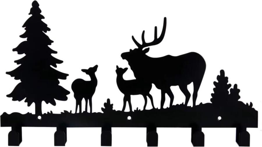 Janse Herten kapstok met 6 haken 40cm Wandkapstok zwart met herten en bos Sleutelrek met rendier Decoratie Metalen kapstok Cadeau tip Wandhaken