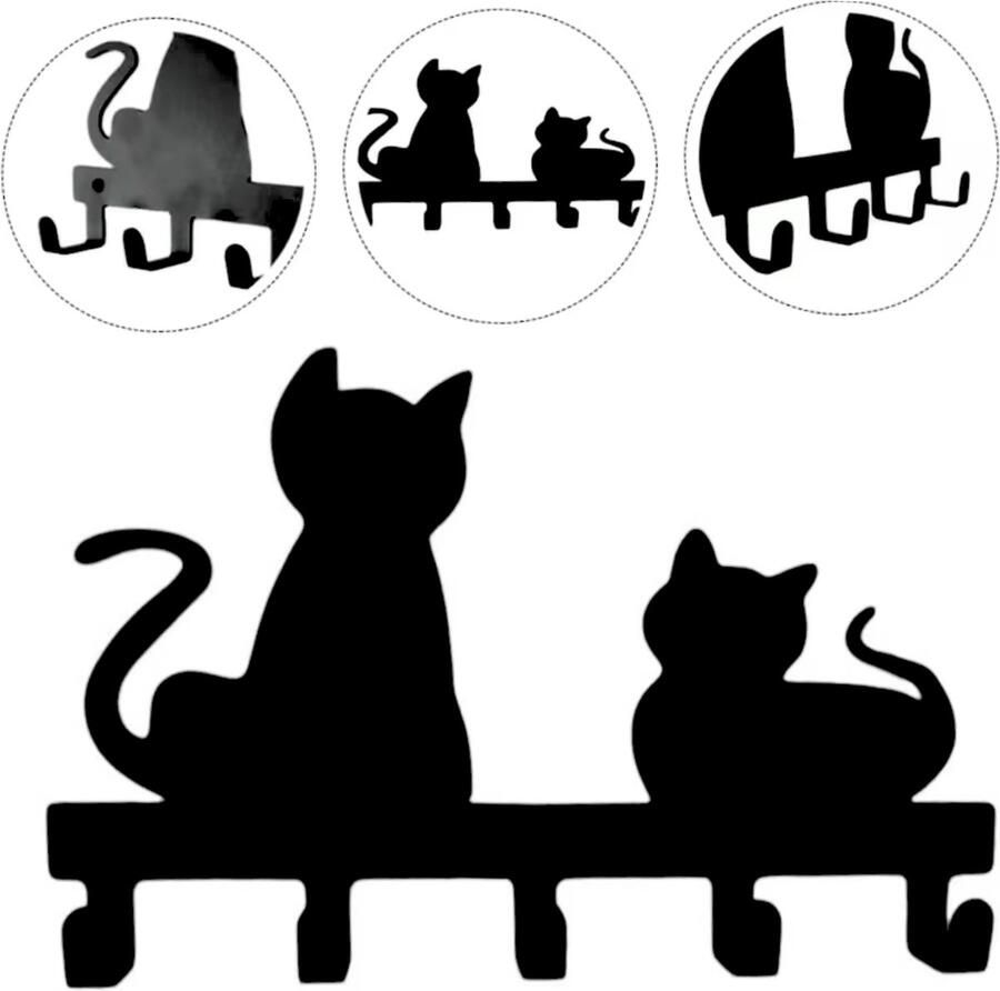 Janse Poezen kapstok met 5 haken 33cm Kinderkapstok Wandkapstok zwart met katten Sleutelrek Kinderkamer haken Decoratie -Babykamer accessoires Metalen kapstok Wandhaken