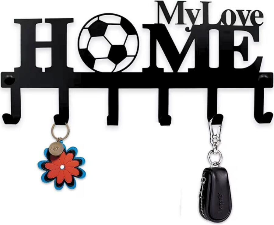 Janse Voetbal kapstok met 6 haken 33cm Wandkapstok zwart met voetbal Sleutelrek Decoratie Metalen kapstok Cadeau tip Wandhaken