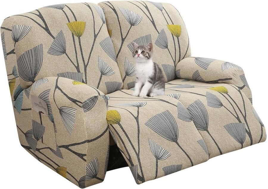 Jaotto Relax 2-zits ligbankhoes universele Relax 1-zits fauteuilhoes met zakken 6-delige wasbare bankhoezen met patroon massagebankhoezen beige bladeren