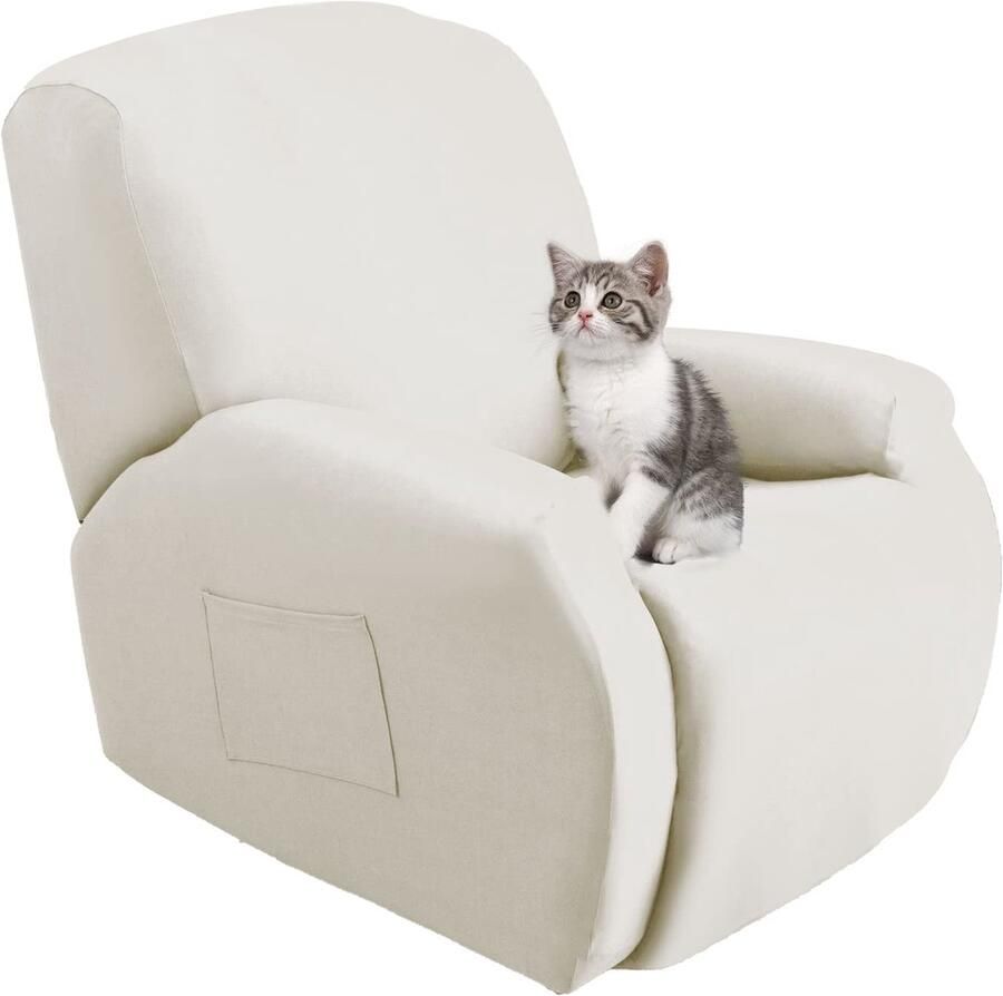 Jaotto stretchhoes voor elektrische relaxstoelen 4-delige fauteuilhoes fauteuilbeschermer voor lounger fauteuil elastische wasbare hoes voor tv-stoel met zakken stretch fauteuilhoes rijstwit