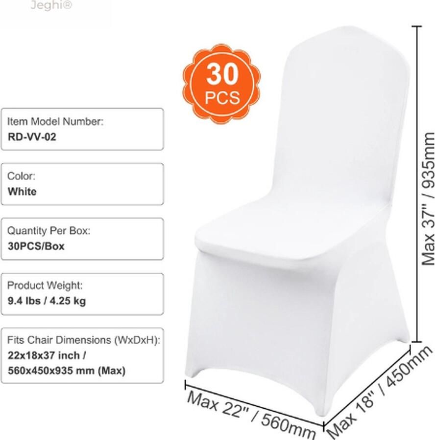 Jeghi Chique Stoelhoezen (30 stks) Ceremoniebekleding Trouwstoelhoezen Stretch Universeel Herbruikbaar Polyester Elastisch Kreukvrij 56x45x93 5cm Wit
