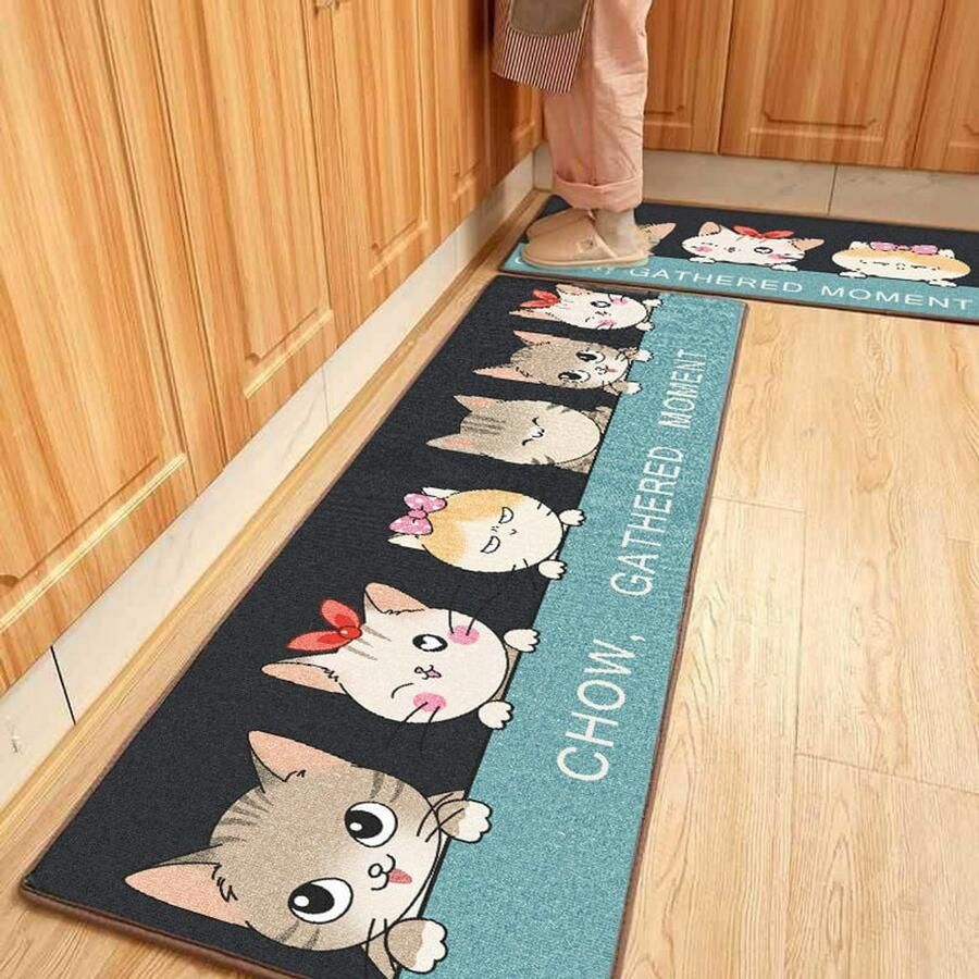 JeiibrZui 2 stuks antislip keukenmatten machine wasbaar kattenprint vloermatten met waterdichte achterkant voor keuken en ingang
