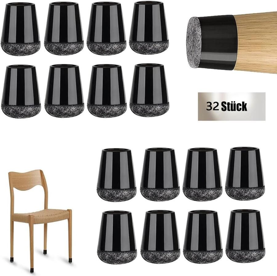 JeiibrZui 32 Stuk Ronde Stoelpotdoppen 2 3 x 1 4 x 2 5 cm Viltglijders voor Stoelen & Vloerbeschermers Zwart