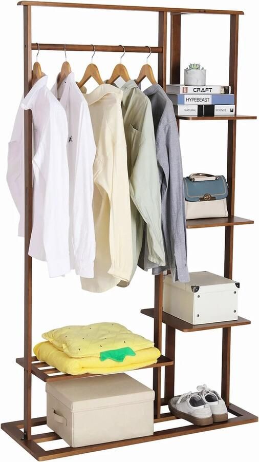 Jemaison Kledingrek 4 Planken Bamboe Dressboy Kledingrek hout Garderobe rek Walnoot kleur 101 x 41 x 171 cm