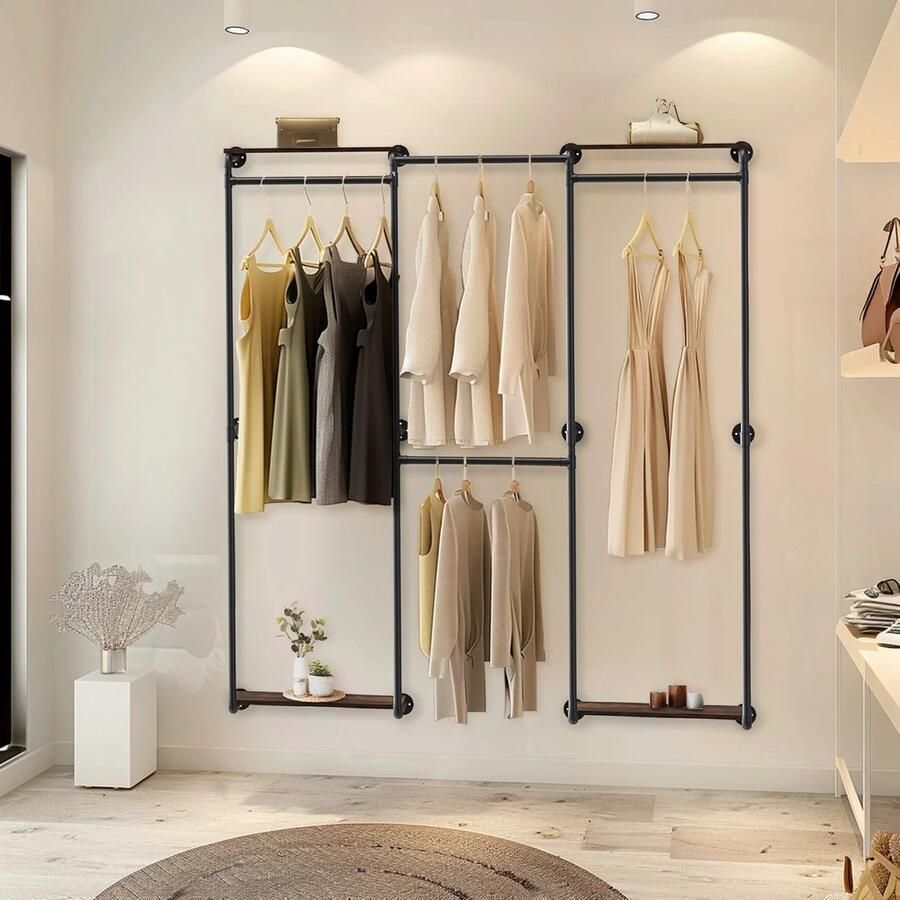 Jemaison Kledingrek muurmontage Hoek Planken Kledingrek zwart Kledingstangen voor aan de muur 185 x 30 x 200 cm