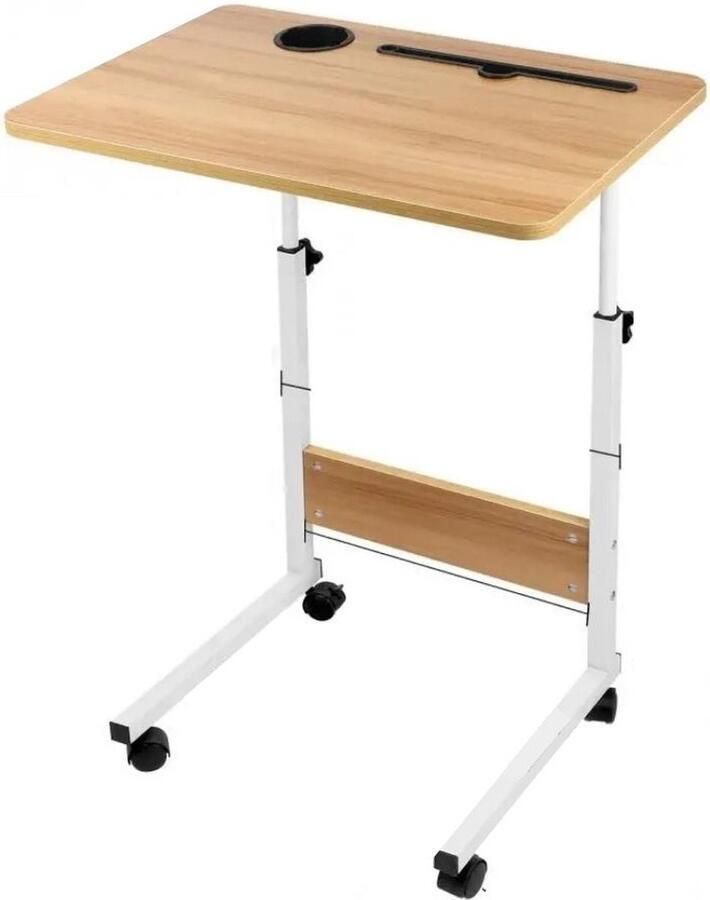 Jemaison Laptoptafel Wielen Verstelbaar Hout Bekerhouder Bedtafel Bijzettafels 60 x 40 x 62-85 cm