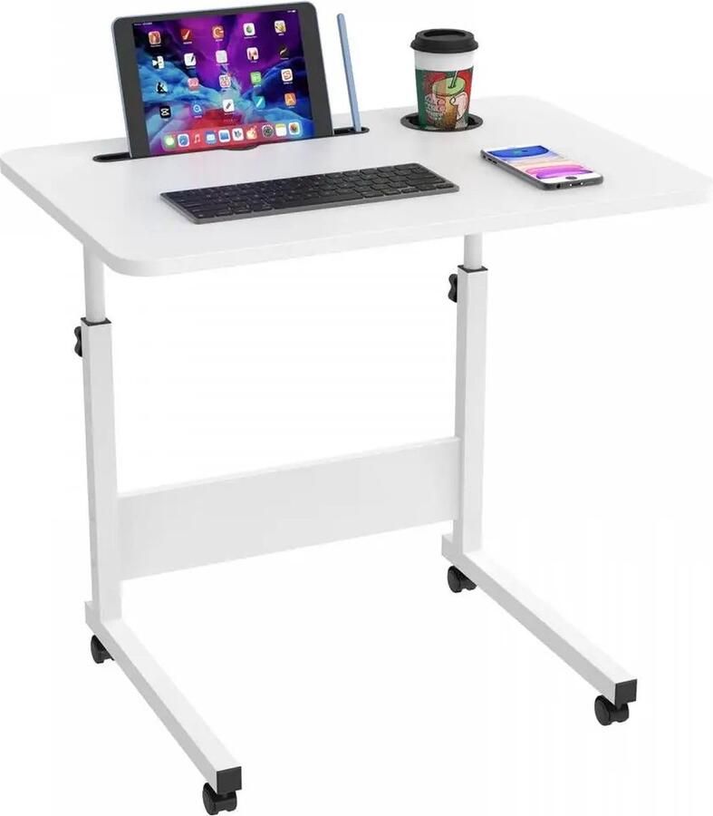 Jemaison Laptoptafel Wielen Verstelbaar Hout Bekerhouder Bedtafel Bijzettafels Wit 60 x 40 x 62-85 cm