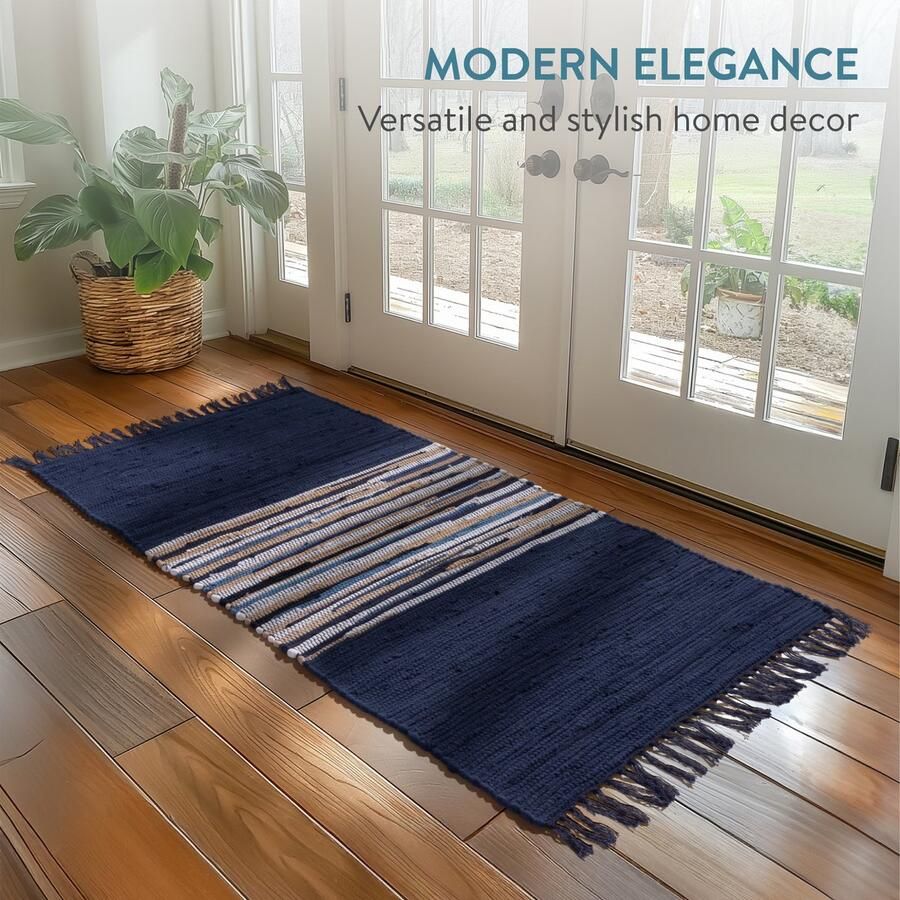 JEMIDI katoenen tapijt 60 x 130 cm Wasmachinebestendig vloerkleed Voor slaapkamer woonkamer of keuken Decoratieve vloerbescherming Blauw wit - Foto 2