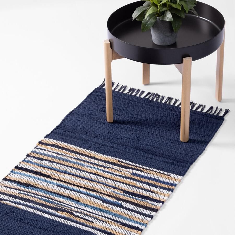 JEMIDI katoenen tapijt 60 x 130 cm Wasmachinebestendig vloerkleed Voor slaapkamer woonkamer of keuken Decoratieve vloerbescherming Blauw wit