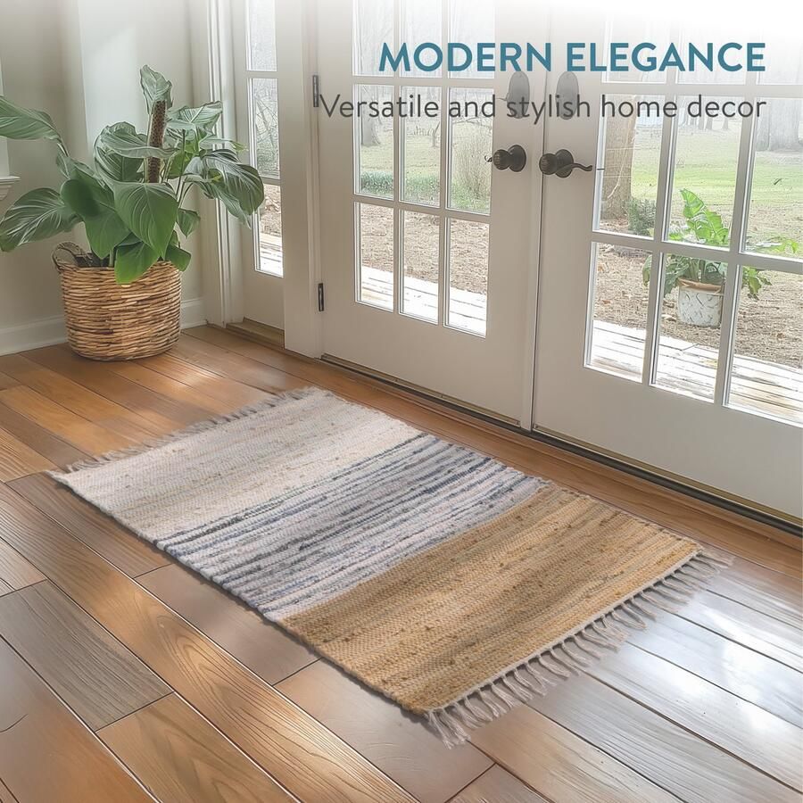 JEMIDI katoenen tapijt 60 x 90 cm Wasmachinebestendig vloerkleed Voor slaapkamer woonkamer of keuken Decoratieve vloerbescherming Beige wit - Foto 2