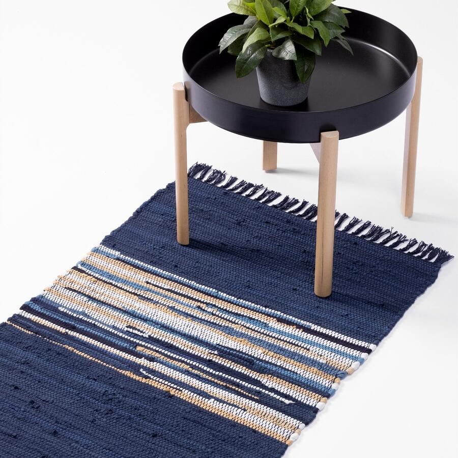 JEMIDI katoenen tapijt 60 x 90 cm Wasmachinebestendig vloerkleed Voor slaapkamer woonkamer of keuken Decoratieve vloerbescherming Blauw wit