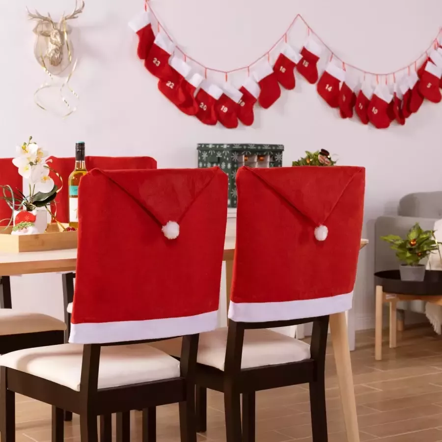 JEMIDI set 4x stoelhoezen eetkamerstoelen 50 x 60 cm Passend voor de meeste eetkamerstoelen Kerstmuts als stoelhoes