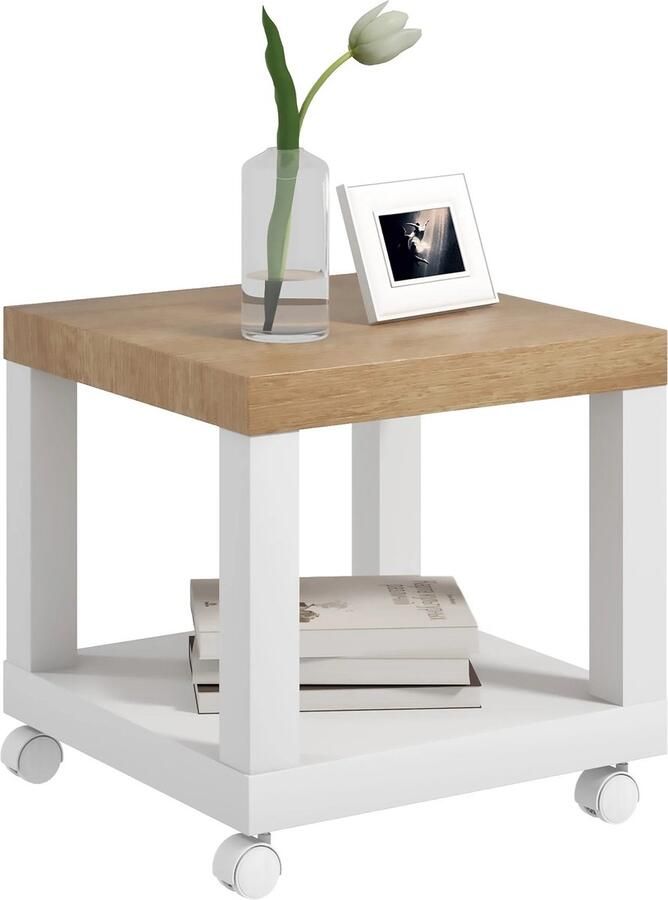 Jermore Bijzettafel met Wielen Wit & Eiken 40x40x40 cm