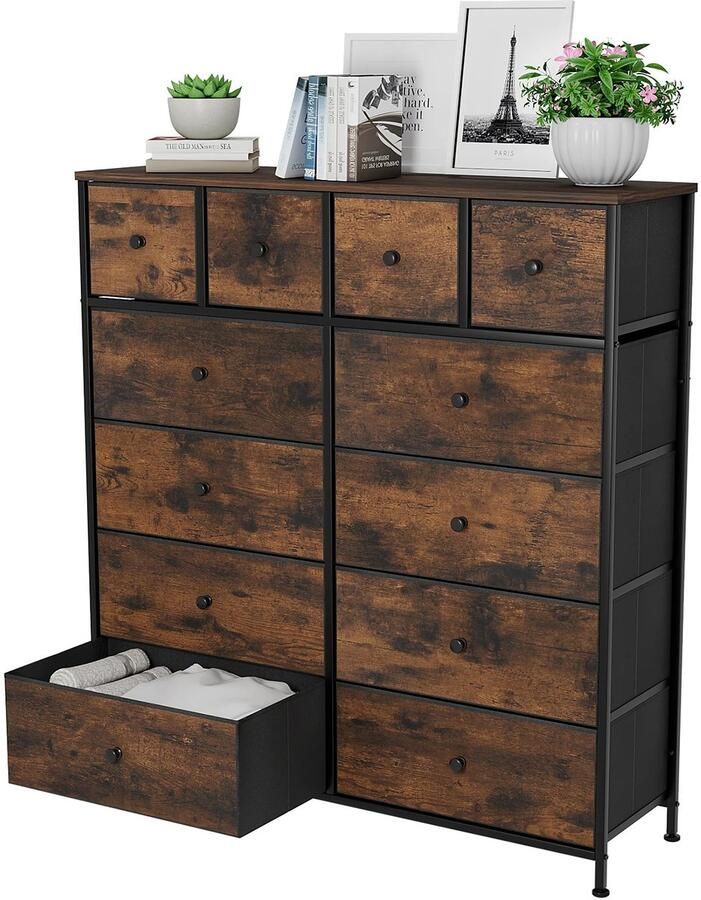 Jermore Retro Ladekast met 12 Lades – Metalen Frame – Houtlook – Grijs Bruin – Stoffen Opbergvakken – 110x100x30cm