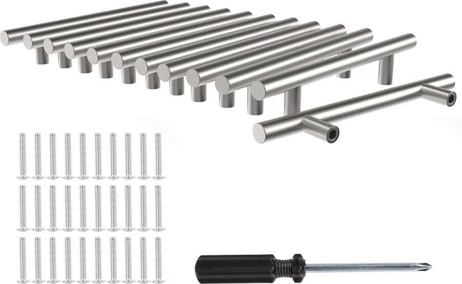 JGS 12 stuks meubelgrepen zilverkleurig met gatafstand 128 mm kastgrepen T-handgrepen met schroeven en installatiegereedschap geschikt voor lade kast meubels keuken en woondecoratie