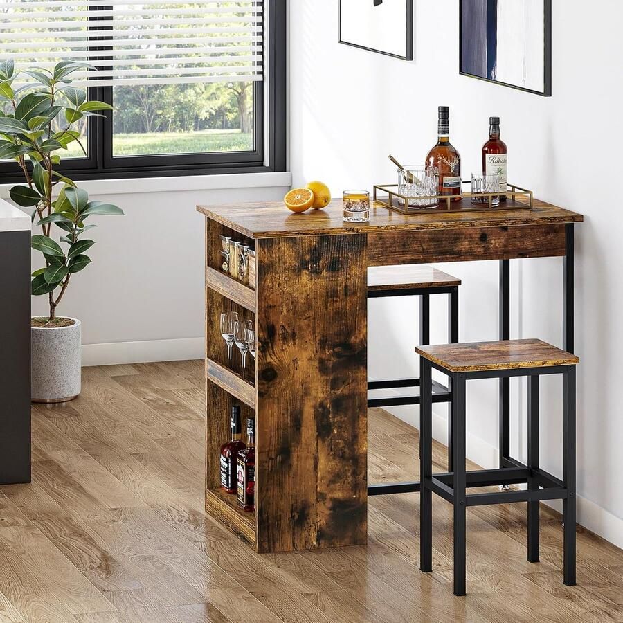 JGS Bartafelset 3-delig eettafel met 2 krukken 3 planken houten bartafel barkruk met metalen frame eetset voor 2 personen ontbijttafel en meubelsets voor thuis keuken