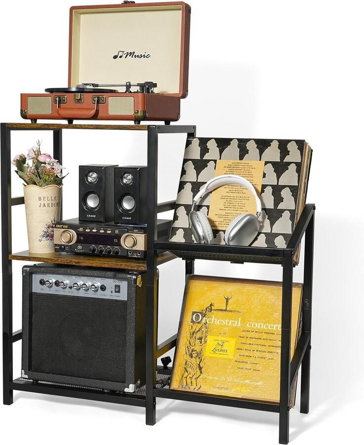 JGS 3-Laags Vintage Draaitafelstandaard Bijzettafel met Vinylhouder Houten Platentafel voor 160 Albums Ideaal voor Woonkamer Slaapkamer Kantoor