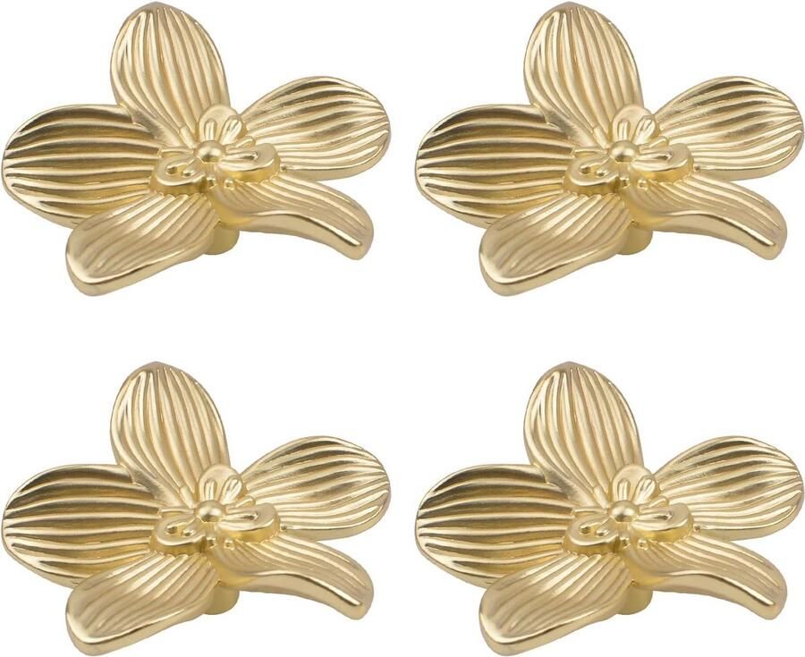 JGS 4 stuks massief messing bloemvormige dressoirknoppen bloemblaadje ladeknoppen keukenhandvat voor kast dressoirdeur meubeldecoratie goud