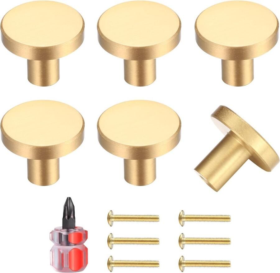JGS 6 stuks ronde kastknoppen gouden messing ladeknoppen deur-keukenbeslag roestvrij stalen handgreep met schroeven voor kast kledingkast met een schroevendraaier