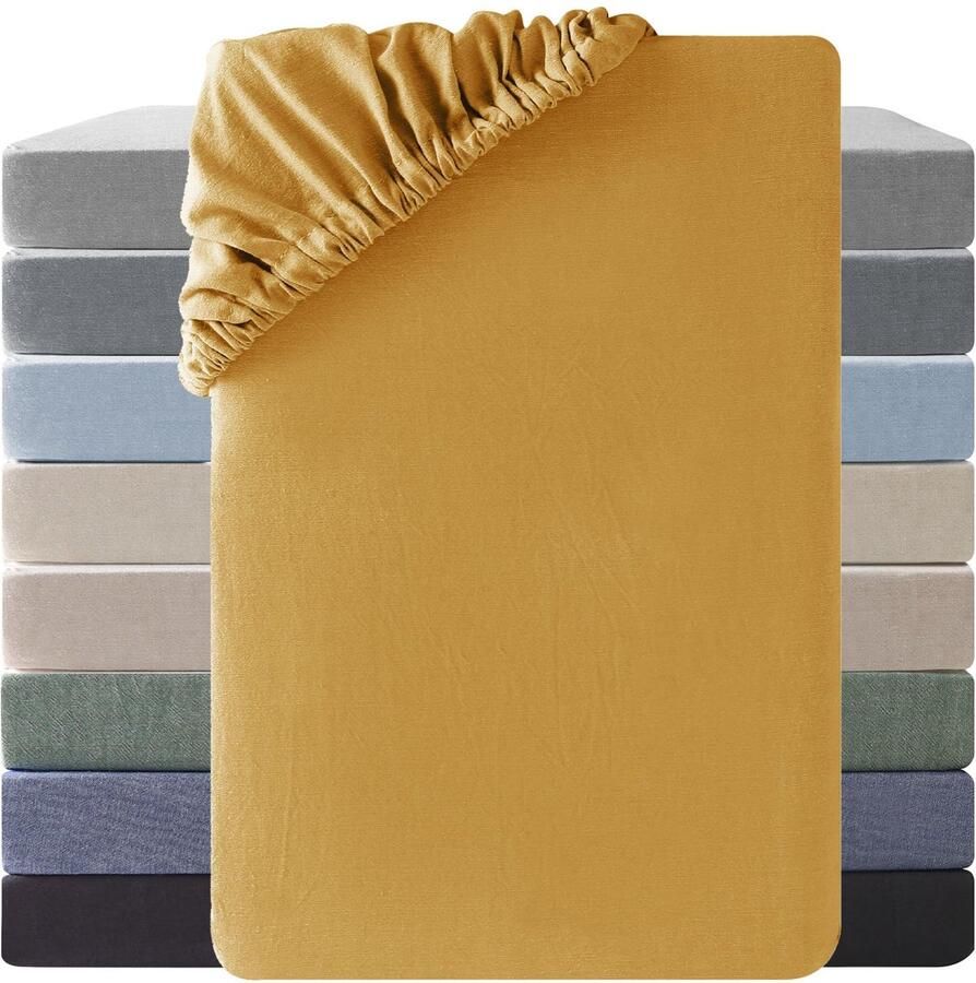 JGS Ademend Geel Hoeslaken van 100% Gewassen Katoen Geschikt voor Matrassen tot 25 cm Hoogte