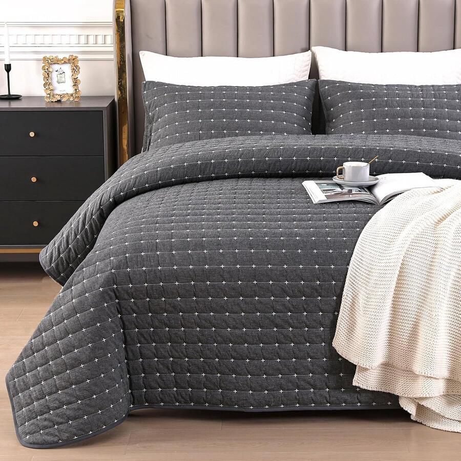 JGS Beddensprei Set 220 x 240 cm met Twee Kussenhoezen Donkergrijs Zachte Katoenen Quilt voor Bed en Bank