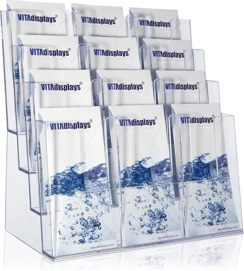 JGS Brochurestandaard tribune voor DIN A4 A5 DIN lang DL A6 Flyer flexibele transparante tafelbrochurestandaard als staande standaard flyerstandaard met 4 etages optioneel als wandbrochurehouder