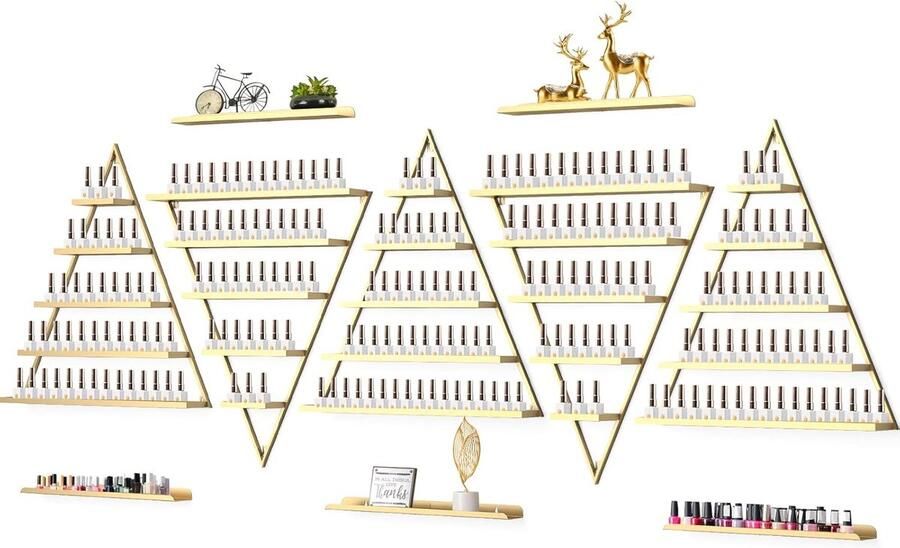 JGS Metalen wandgemonteerde nagellakopslagrekken 5-laags gouden driehoekige displayrek cosmetische displaykasten lippenstift parfum wandplank essentiële olie-organizer voor thuis spa nagel