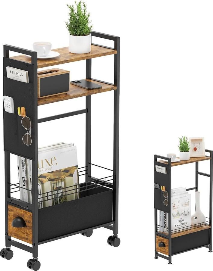 JGS Smalle bijzettafel voor kleine ruimtes nachtkastjes met lades en wielen smalle nachtkastjes voor op de bank tijdschriftenrek met opbergzak voor de bank in de woonkamer