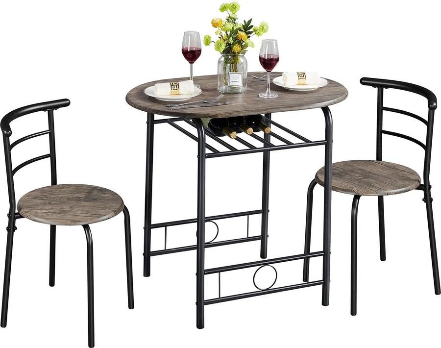 JGS Compacte Eetkamerset met Tafel en Twee Stoelen voor Kleine Ruimtes Hout en Metaal Design