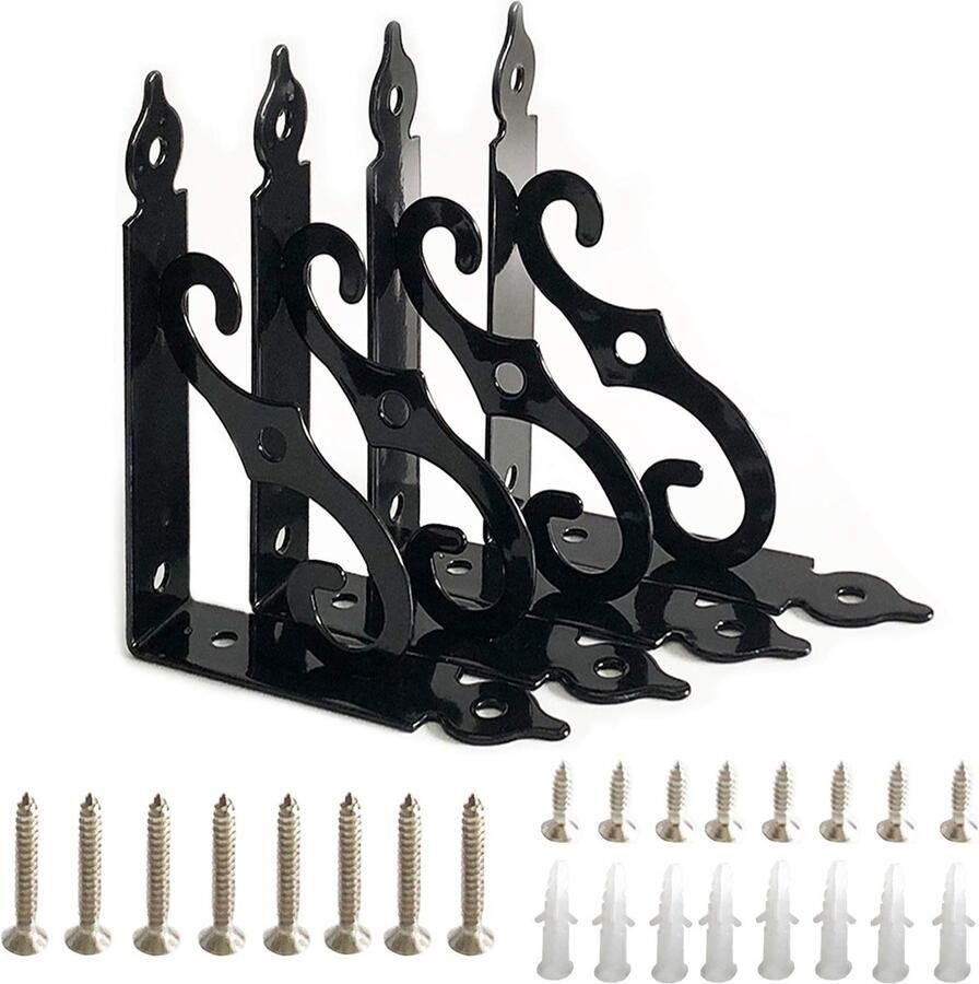 JGS Decoratieve Set van 4 Zwarte IJzeren Plankdragers voor Wandmontage en Interieurdecoratie