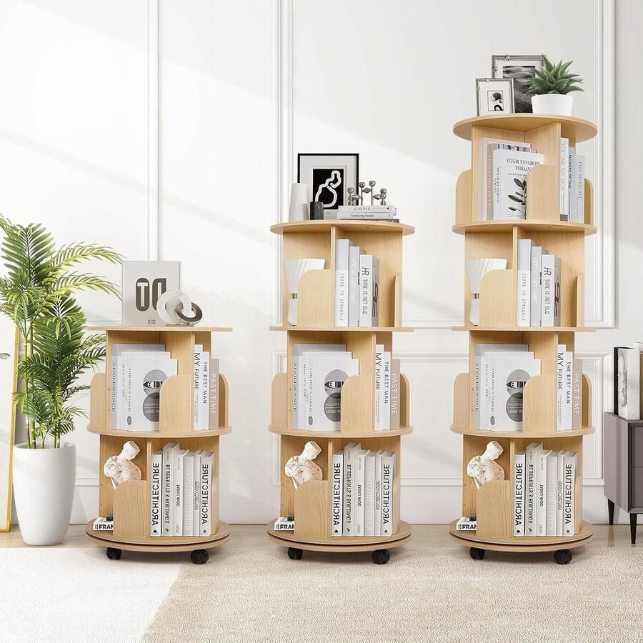 JGS Draaibaar 4-Niveaus Boekenrek van Massief Hout Roterende Boekenkast met Wielen Multifunctioneel Opbergrek