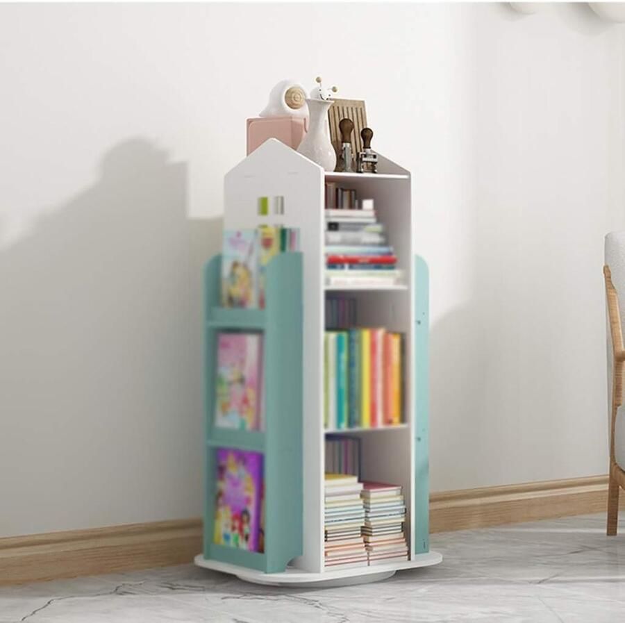 JGS Draaibare Kinderboekenkast: Meisjes Boekenkast in Blauw en Wit Speelgoed Opbergrek voor Kleuterschool Klein Huisvormig Rek