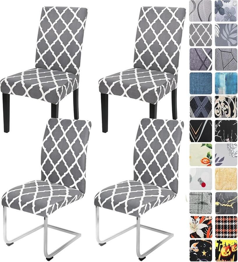 JGS Elastische Stoelhoezen Set van 4 6 voor Eetkamer Keuken of Hotel met Grijs Ruitpatroon