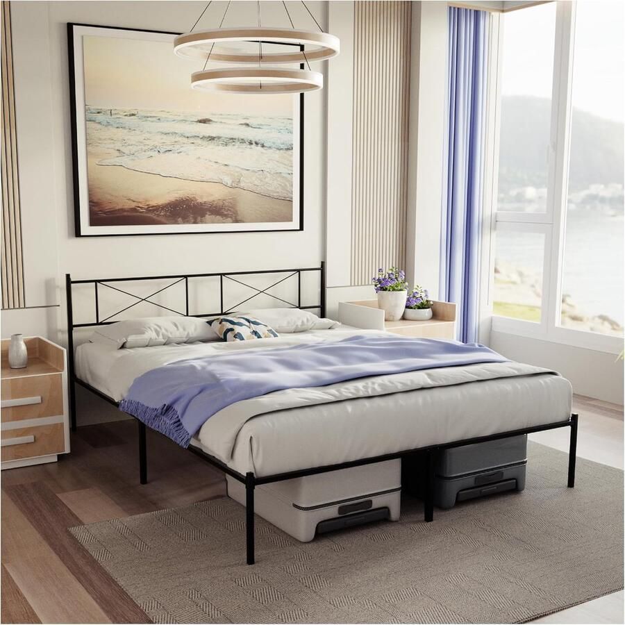 JGS Bed 160 x 200 cm met lattenbodem Bedframe 160 x 200 cm met poten Metalen bed met hoofdbord 35 cm hoog Gemakkelijke maanden en veel opbergruimte