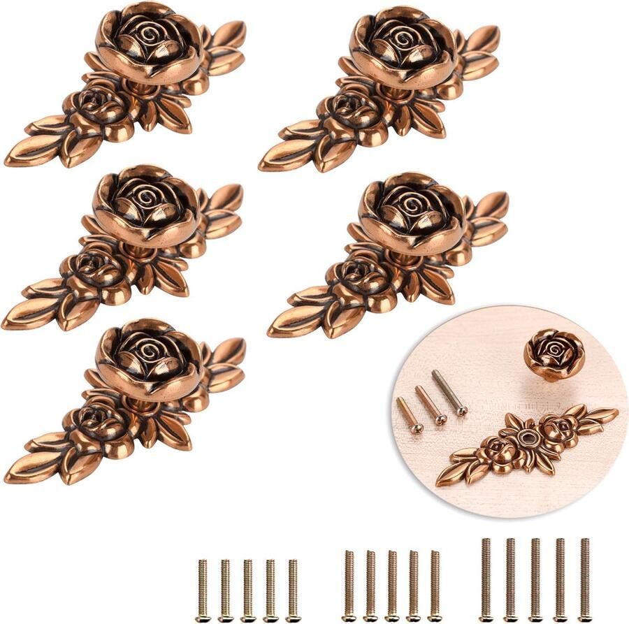 JGS Elegante Antieke Roosvormige Meubelknoppen Set voor Schuifladen en Kasten 5 Stuks